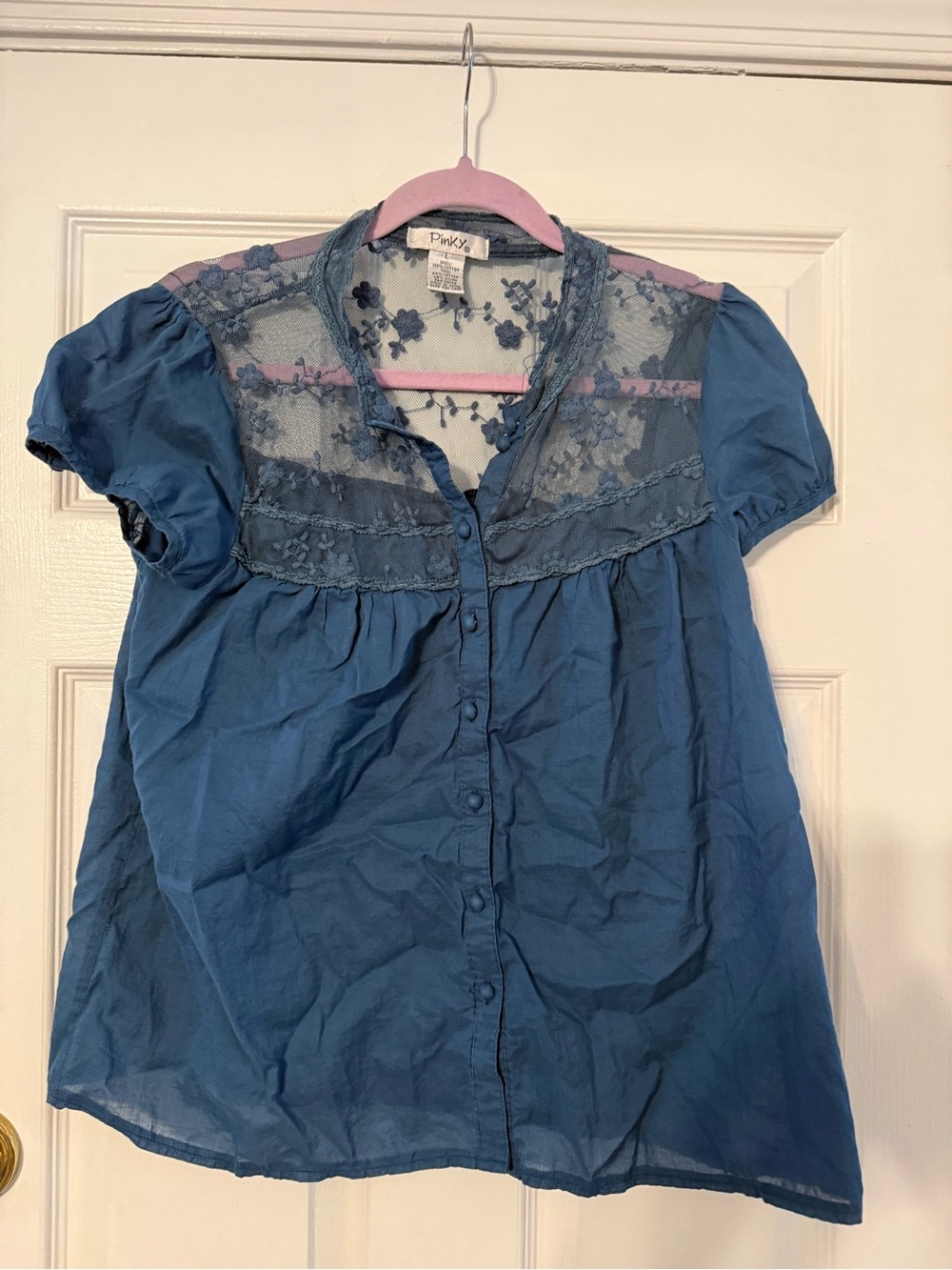 Pinky Blue Floral Lace Yoke Button-Up Blouse